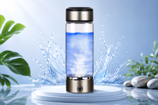 Rechargeable Quantum Hydrogen-Rich Water Cup with glass body, lid, and 420ml capacity in silver
