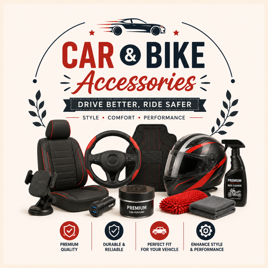 Upgrade your driving and riding experience with premium Car & Bike Accessories at BestDealReviews. Explore a wide selection of high-quality products, including phone holders, seat covers, LED lights, helmets, cleaning kits, car chargers, air compressors, bike mirrors, security locks, organizers, and more. Whether you want to improve comfort, safety, performance, or style, we offer reliable accessories for all major car and motorcycle brands. Our collection combines quality, affordability, and durability to meet every driver's needs. Shop with confidence and enjoy competitive prices, secure checkout, fast delivery, and excellent customer support for all your automotive accessory needs.