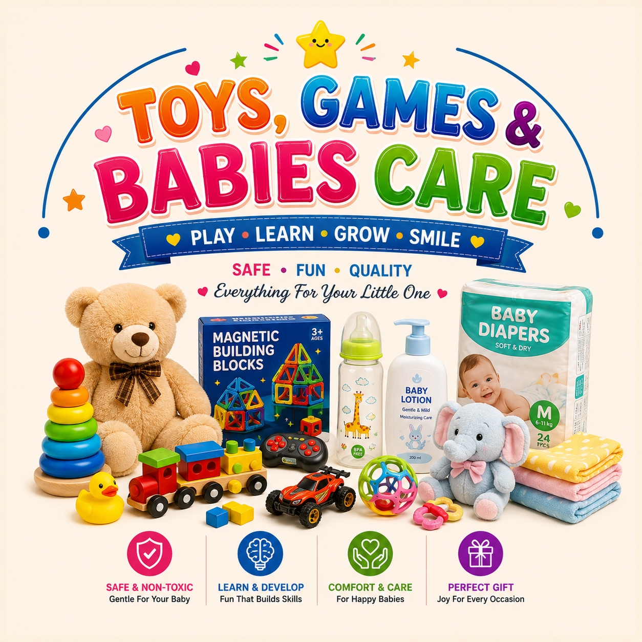 Explore the best Toys, Games & Babies collection at BestDealReviews, your trusted Dubai-based online shopping destination. Browse educational toys, STEM learning toys, puzzles, board games, action figures, dolls, baby strollers, feeding accessories, diaper bags, baby care essentials, nursery products, and children's gifts from trusted brands. Designed for infants, toddlers, and kids, our collection combines safety, quality, and fun. Shop baby products and toys online in Dubai with secure checkout, competitive prices, fast UAE delivery, and reliable customer support for families across the UAE.