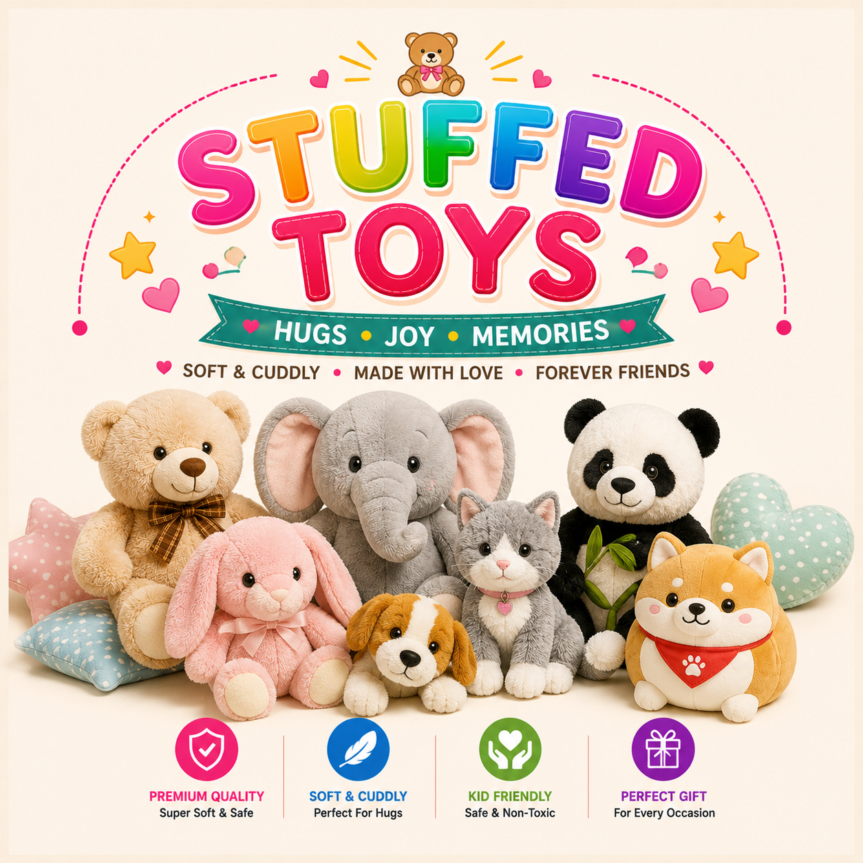 Bring joy to every child with our adorable Stuffed Toys collection. Discover soft plush animals, cuddly teddy bears, character toys, and comforting companions made from quality materials. Perfect for playtime, bedtime, or gifting, our stuffed toys combine comfort, durability, and charm at affordable prices with reliable delivery across Dubai.