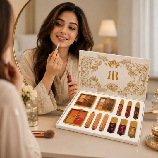 Rose Berry Luxury Makeup Gift Set featuring eyeshadow palettes, lip products, blush, and nail polishes in a luxury gift box
