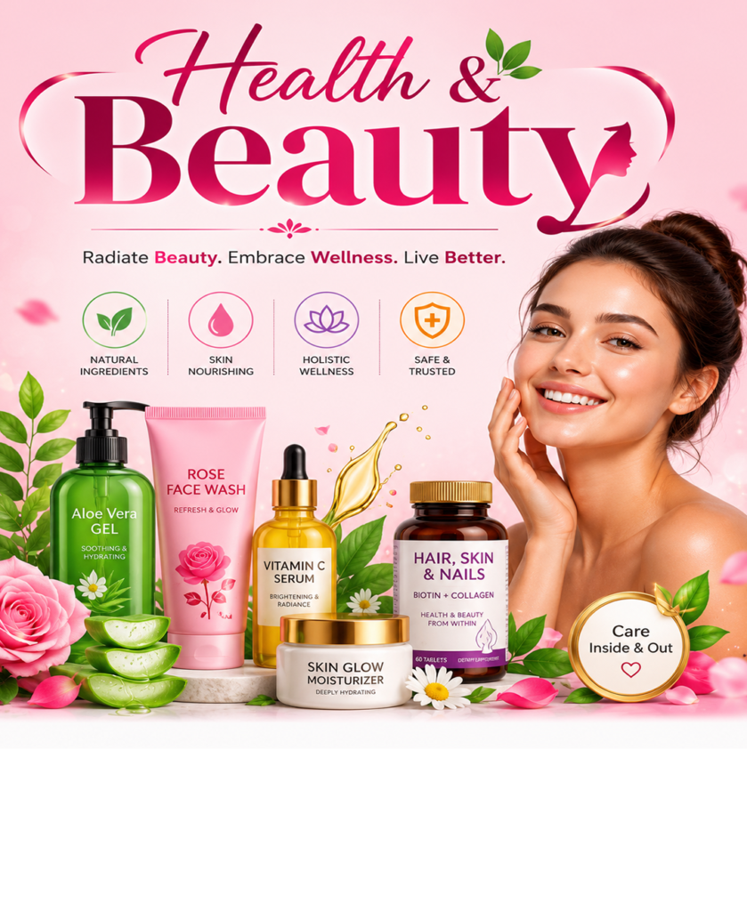Premium health and beauty products including skincare, cosmetics, hair care, personal care, vitamins, and wellness essentials available online in Dubai, UAE.