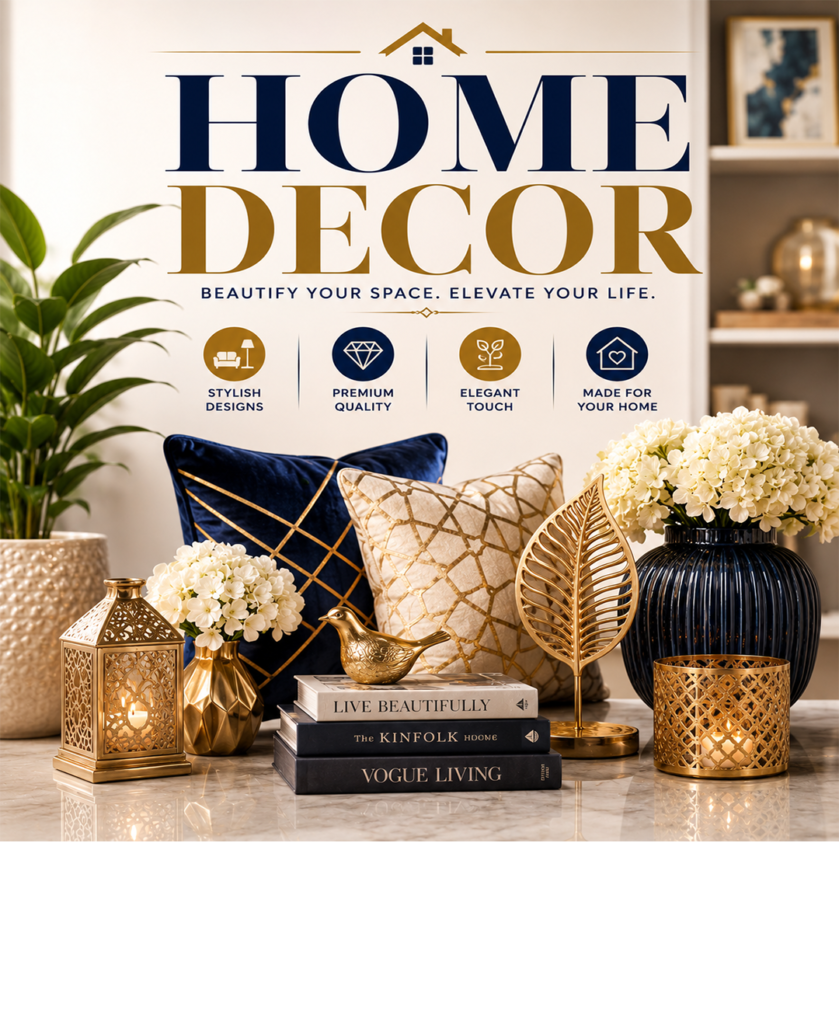 Modern home decor items including wall art, decorative vases, cushions, mirrors, table lamps, artificial plants, and luxury home accessories available online in Dubai, UAE.