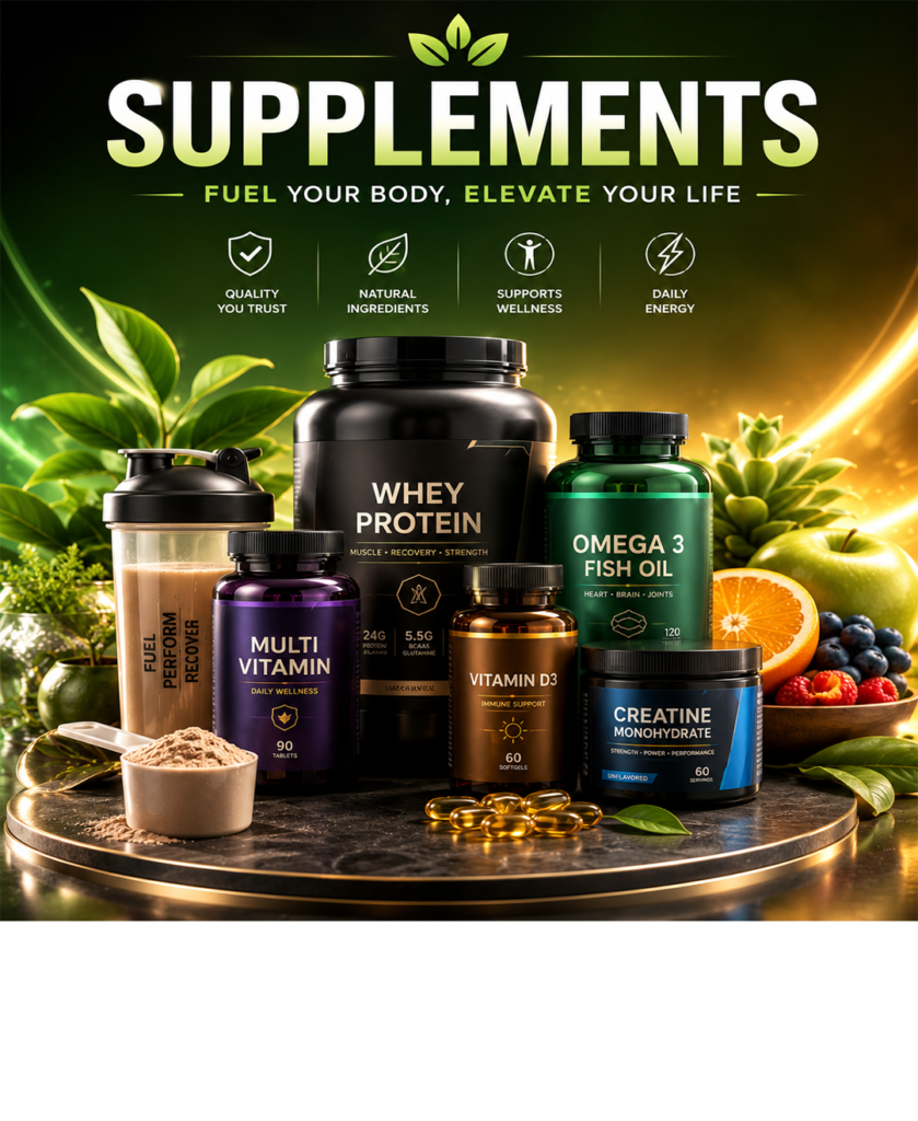Premium health supplements, vitamins, minerals, protein powders, collagen, omega-3, probiotics, and wellness nutrition products available online in Dubai, UAE.