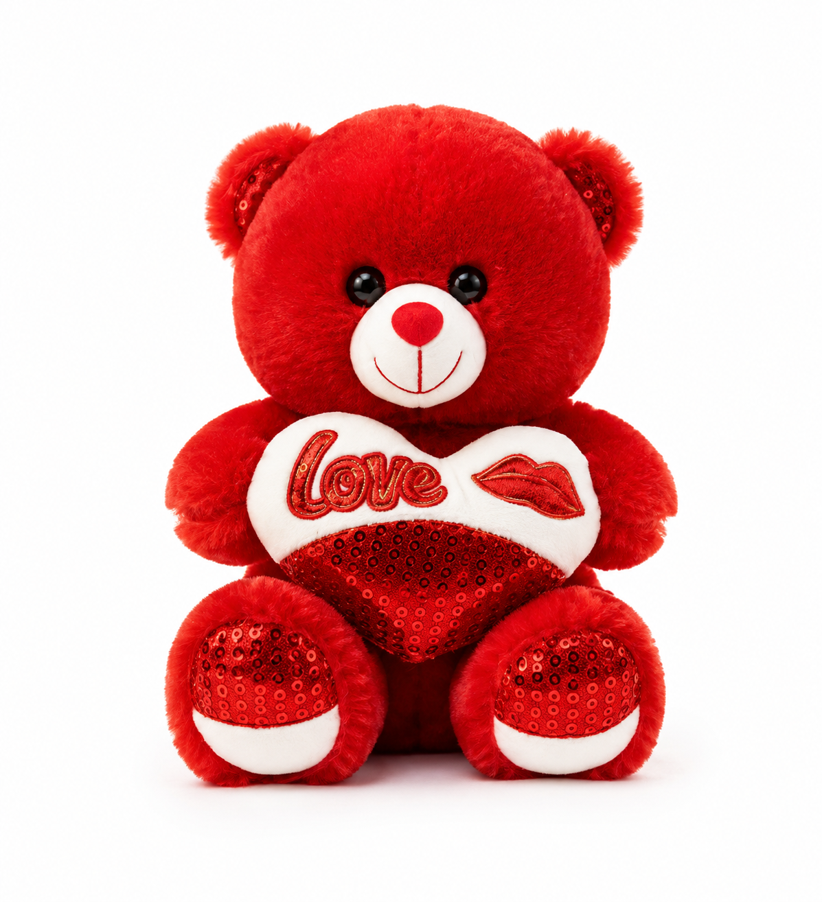 Red Love Teddy Bear holding a heart-shaped Love cushion made from soft plush fabric for romantic gifting