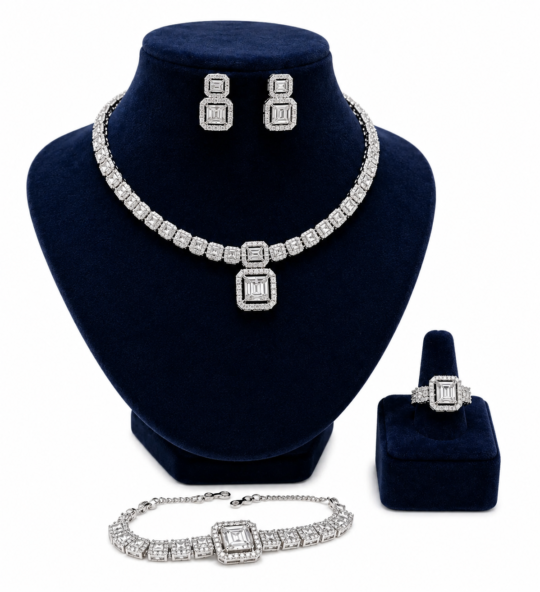 Luxury Bridal Jewelry Set with Diamond-Style Cluster Design UAE